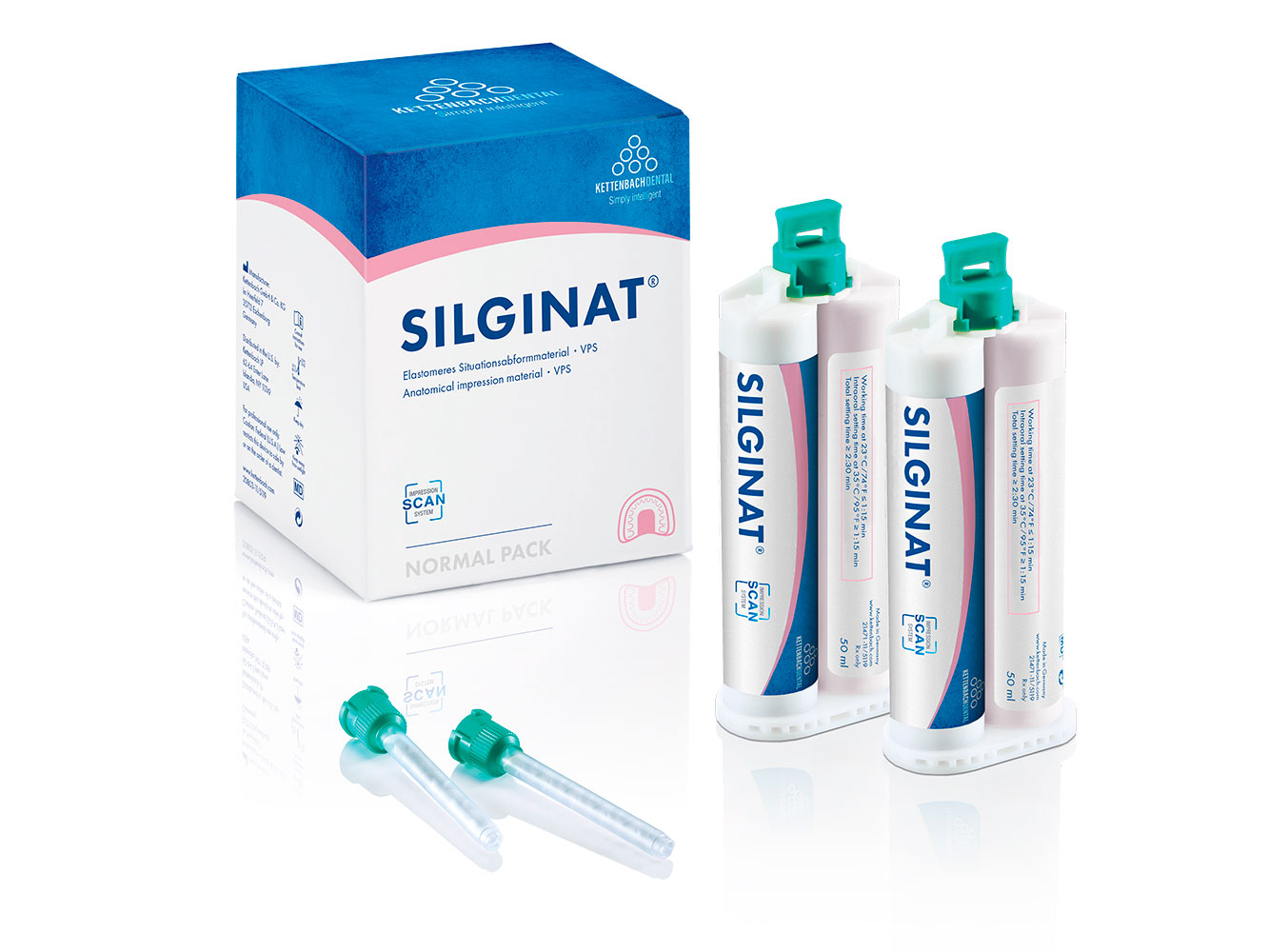 13846 Silginat Normal pack (6 x 50 ml, 6 mixing tips): Стоматологический А-силикон среднетекучий.